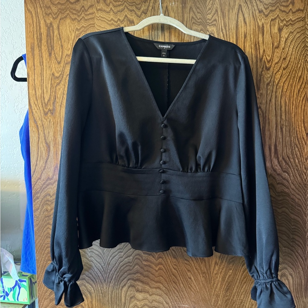 Express Black V-Neck Blouse with Button Accents